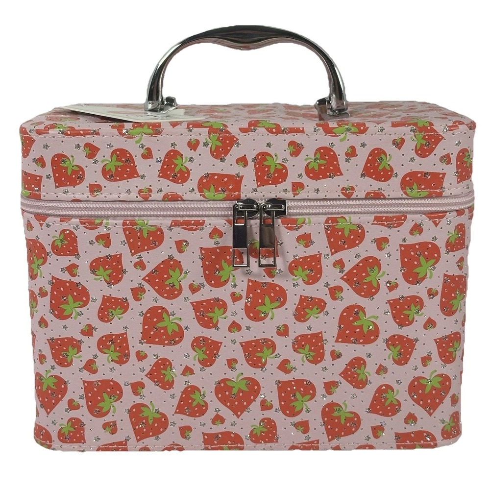 Pink Strawberry Makeup Train Case Cosmetic Bag Glitter Vanity Storage Case Y2K